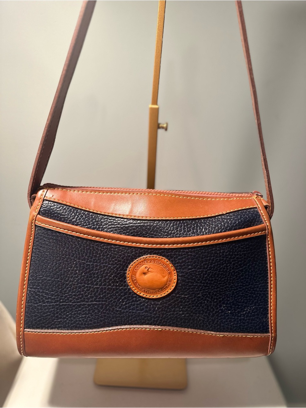 Vintage Dooney & Bourke Navy and Brown Pebbled All Weather Leather Shoulder Bag